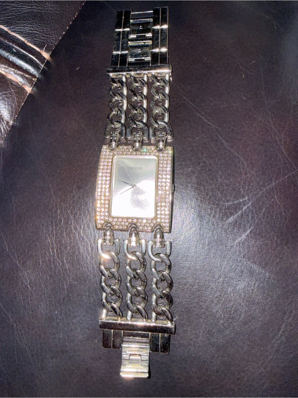 GUESS Silver Crystal-Trim Chain-Link Women's Watch